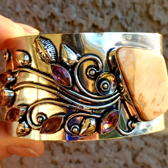 New Mookaite Jasper and Rubellite 925 Silver Cuff Bracelet. - Picture 15 of 16